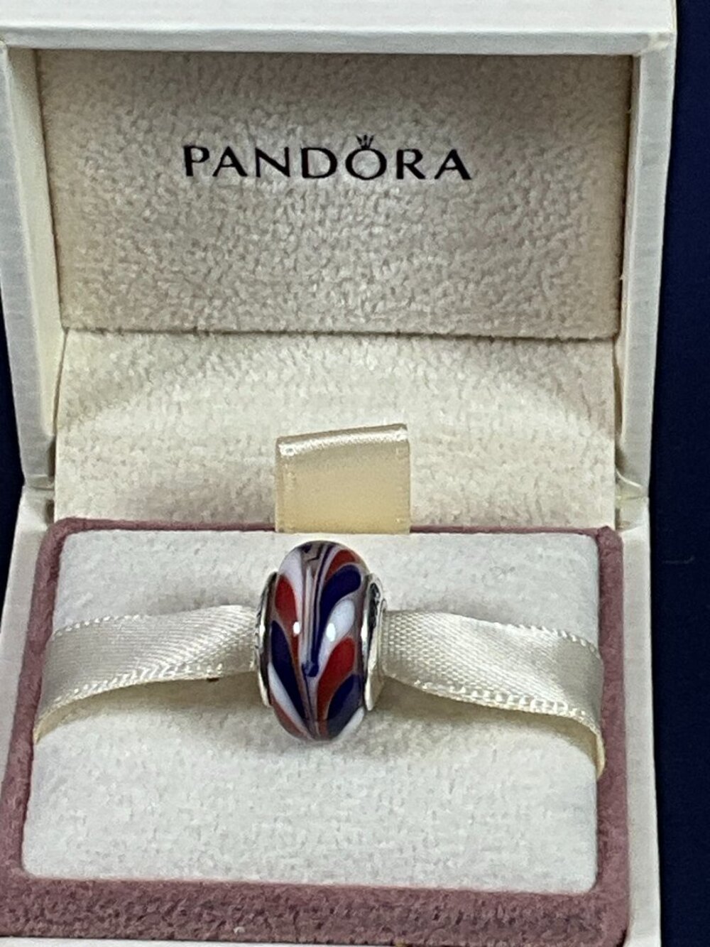NWOT PANDORA Retired Silver All American Swirly Swirl Murano Glass Charm 790937